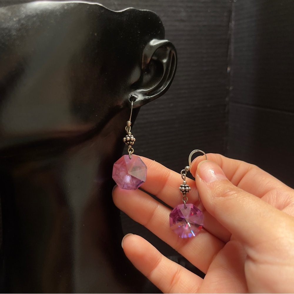 Sterling Silver Purple Statement Circle Cut Gem Hook Earrings - Picture 4 of 10